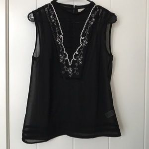 Sheer mock neck tank w/ embroidered detail SZ S